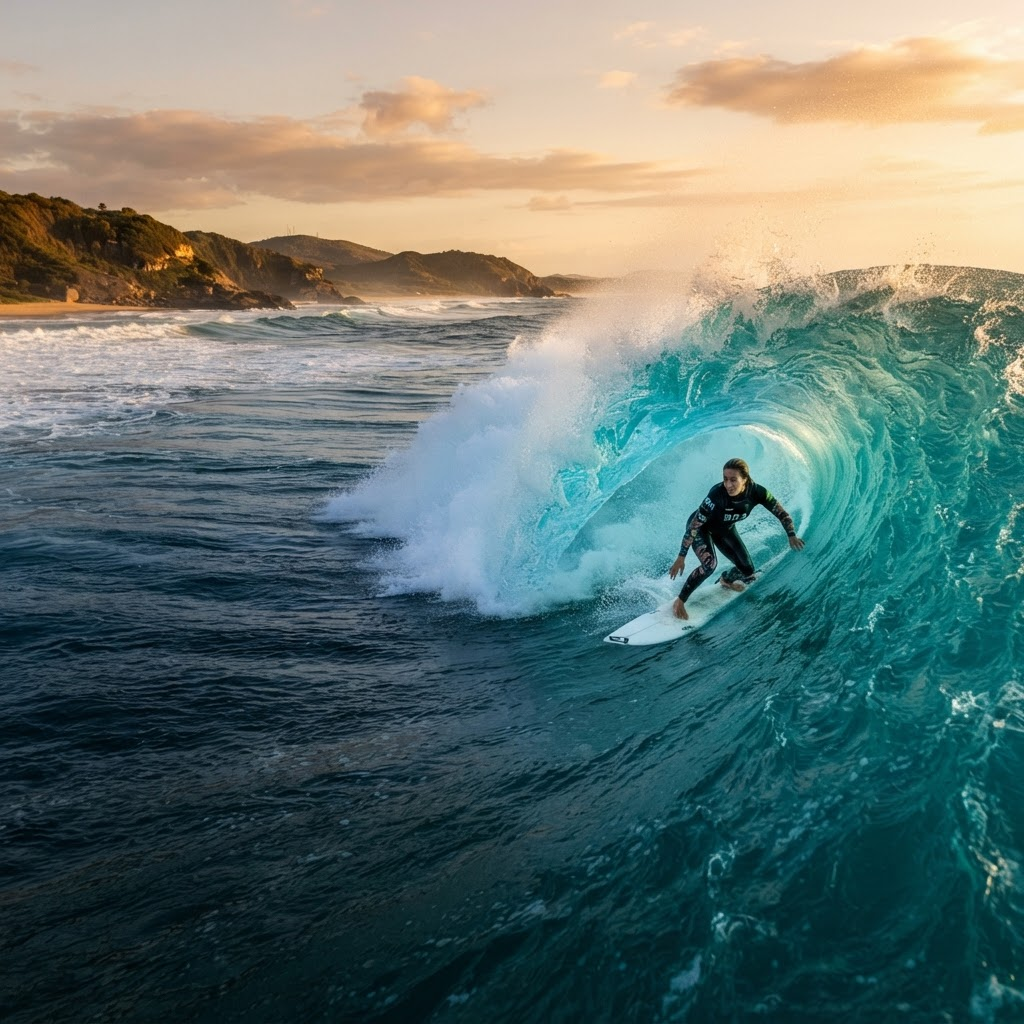 Surfista dentro de um tubo de onda azul-turquesa ao pôr do sol